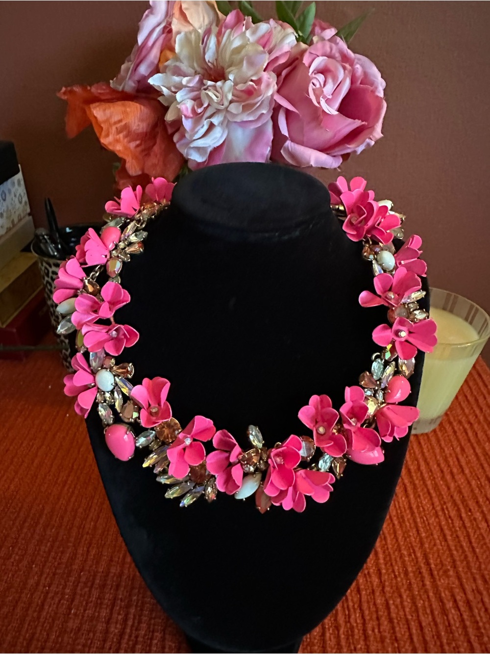 J. Crew Hot Pink Floral Statement Necklace with Crystal Accents